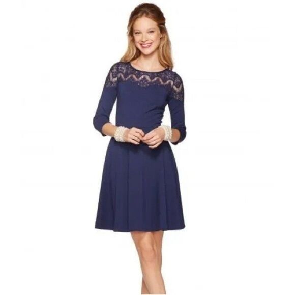 Lilly Pulitzer navy lace skater 3/4 long sleeve crochet upper dress Sz 6 - Picture 9 of 11